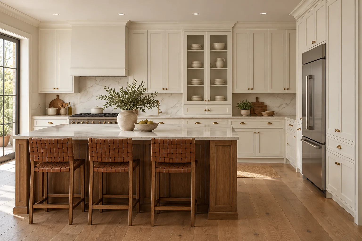 Krem çerçeveli mutfak dolapları, camlı vitrin, doğal ahşap ada ve açık taş tezgâhla ferah country mutfak konsepti